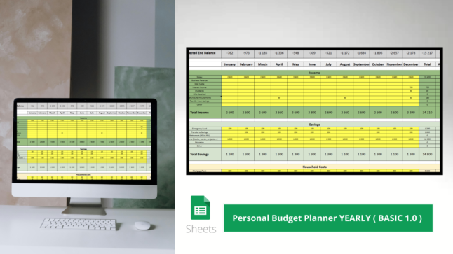 Yearly Personal Budget Planner BASIC 1.0 - Comprehensive budgeting spreadsheet for tracking income, managing expenses, setting savings goals, and improving personal finance with real-time insights and customizable budget categories.