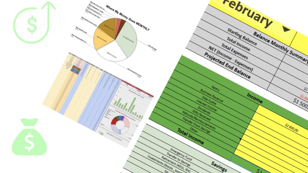 Interactive financial dashboard displaying budget summary, income breakdown, savings goals, investment portfolio analysis, and expense tracking.